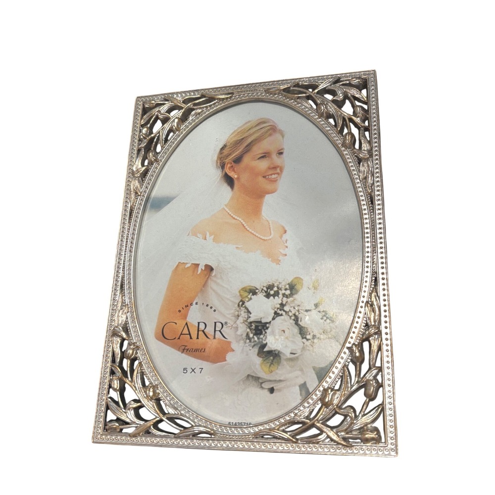 Vintage 1998 Carr Frames 5x7 Silver Tone Ornate Floral Picture Frame